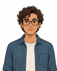 You, with dark curls, rectangular glasses, and a petrol overshirt.