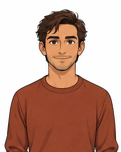 Alex, with side-parted brown hair and a rust sweater.
