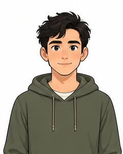 Sam, with short black hair and an olive hoodie.