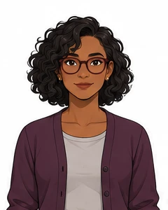 Maya, with black curls, burgundy glasses, and a plum cardigan.