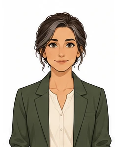 Jordan, with brown hair tied back and a moss-green blazer.