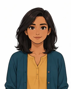 Priya, with shoulder-length black hair, a mustard blouse, and a petrol cardigan.