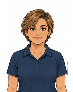 Lena, with short dark-blond hair and a navy work polo.