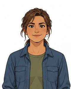 Nina, with a light-brown ponytail, a slate-blue work jacket, and an olive shirt.