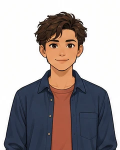 Riley, with short dark hair and an open navy shirt over a rust T-shirt.